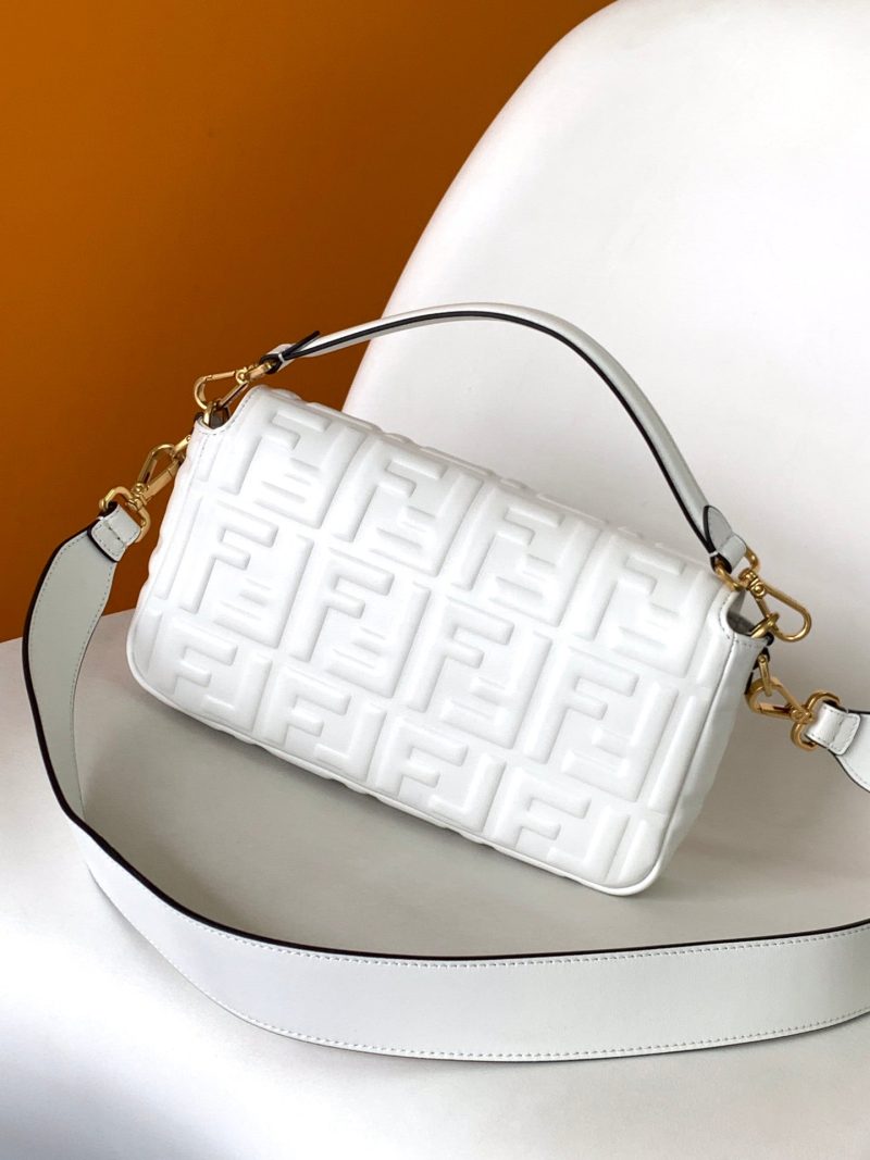 Fendi Baguette 27 Bag With FF Motif White Leather Ghw