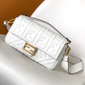 Fendi Baguette 27 Bag With FF Motif White Leather Ghw