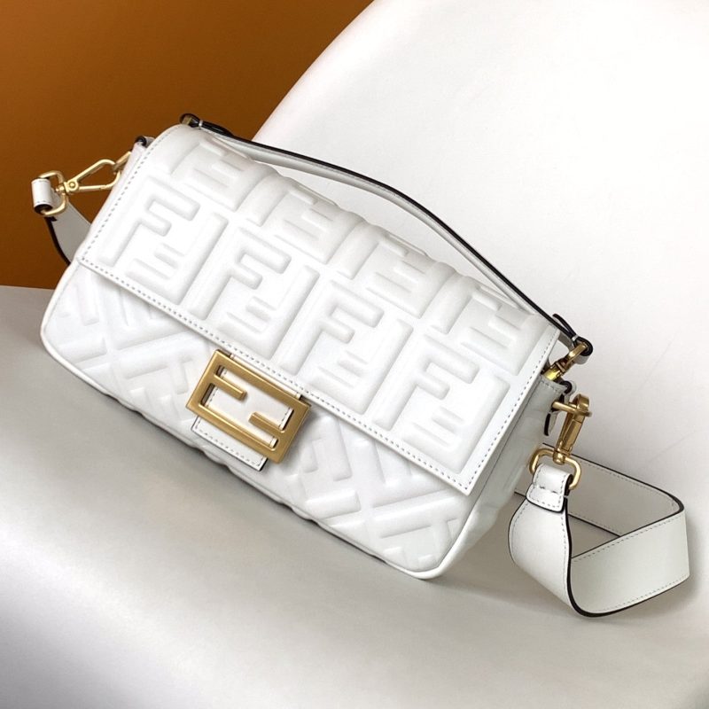 Fendi Baguette 27 Bag With FF Motif White Leather Ghw