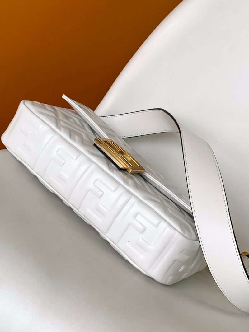 Fendi Baguette 27 Bag With FF Motif White Leather Ghw