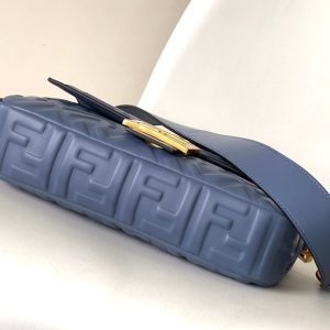Fendi Baguette 27 Bag With FF Motif Blue Leather Ghw