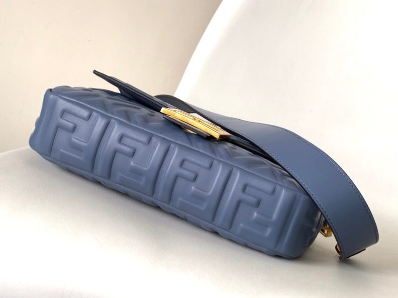 Fendi Baguette 27 Bag With FF Motif Blue Leather Ghw