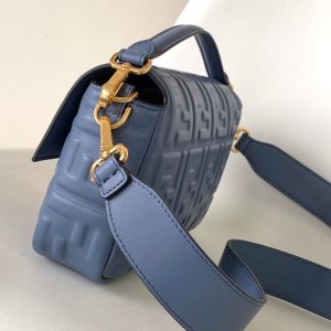 Fendi Baguette 27 Bag With FF Motif Blue Leather Ghw