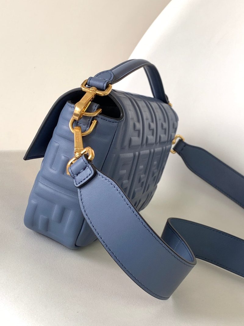 Fendi Baguette 27 Bag With FF Motif Blue Leather Ghw