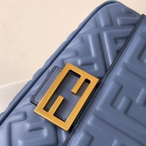 Fendi Baguette 27 Bag With FF Motif Blue Leather Ghw
