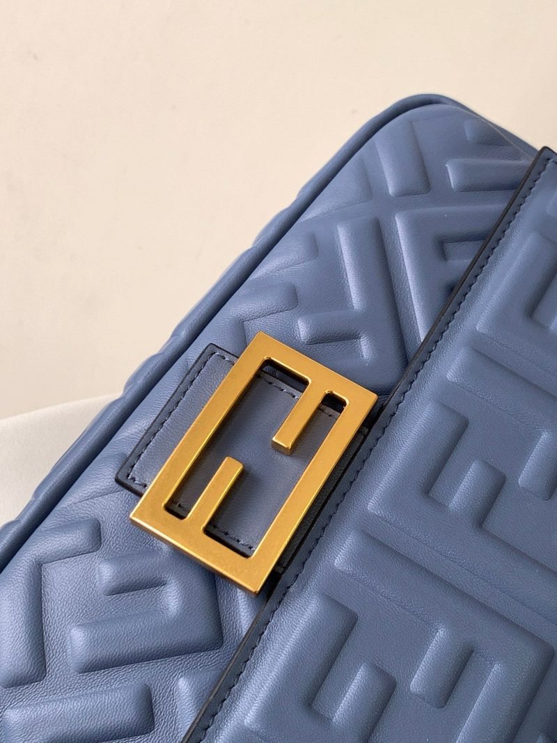 Fendi Baguette 27 Bag With FF Motif Blue Leather Ghw