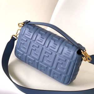 Fendi Baguette 27 Bag With FF Motif Blue Leather Ghw