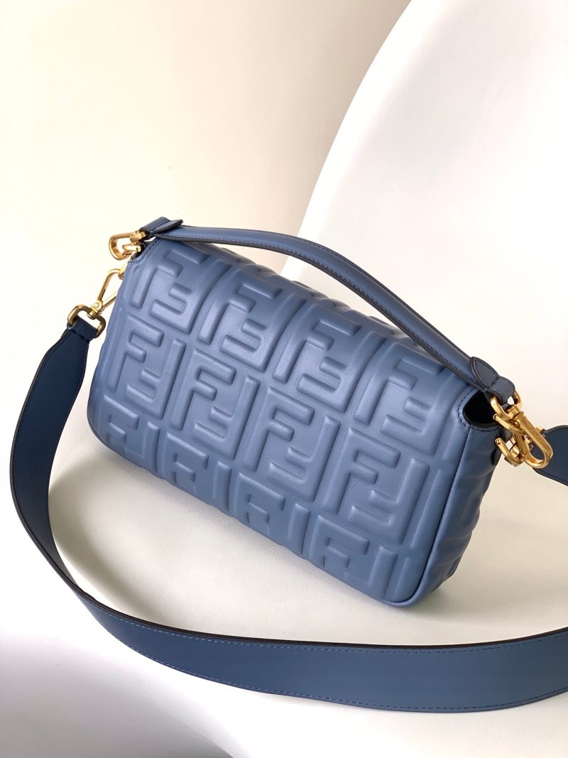 Fendi Baguette 27 Bag With FF Motif Blue Leather Ghw