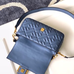 Fendi Baguette 27 Bag With FF Motif Blue Leather Ghw