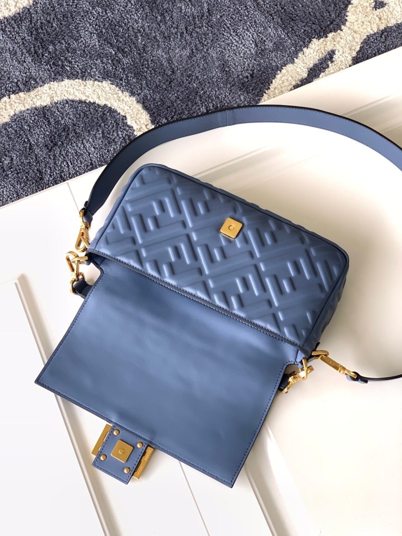 Fendi Baguette 27 Bag With FF Motif Blue Leather Ghw