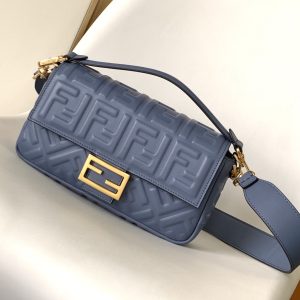 Fendi Baguette 27 Bag With FF Motif Blue Leather Ghw