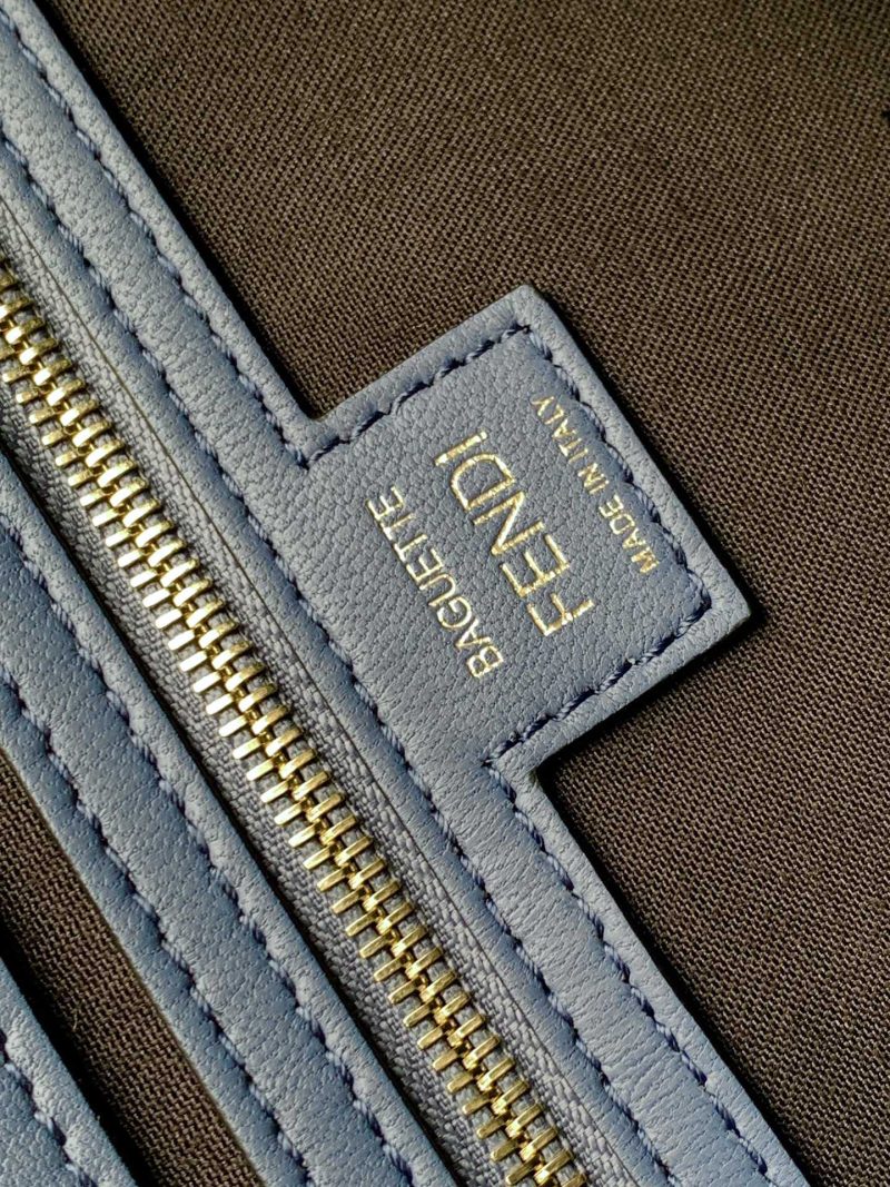 Fendi Baguette 27 Bag With FF Motif Blue Leather Ghw