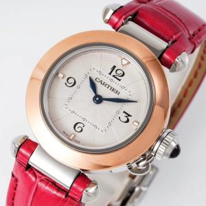 pasha 30mm quartz pink gold white dial red leather