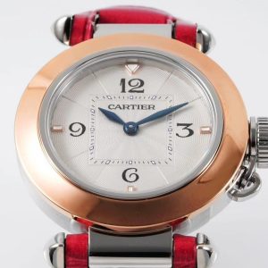 pasha 30mm quartz pink gold white dial red leather