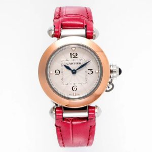 pasha 30mm quartz pink gold white dial red leather