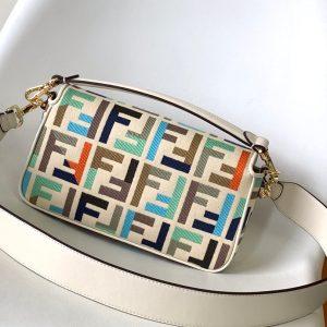 Fendi Baguette White and Multicolour Canvas Bag 27 with FF Embroidery Ghw