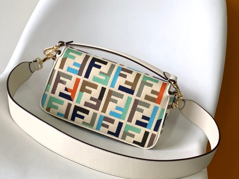Fendi Baguette White and Multicolour Canvas Bag 27 with FF Embroidery Ghw