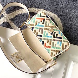 Fendi Baguette White and Multicolour Canvas Bag 27 with FF Embroidery Ghw