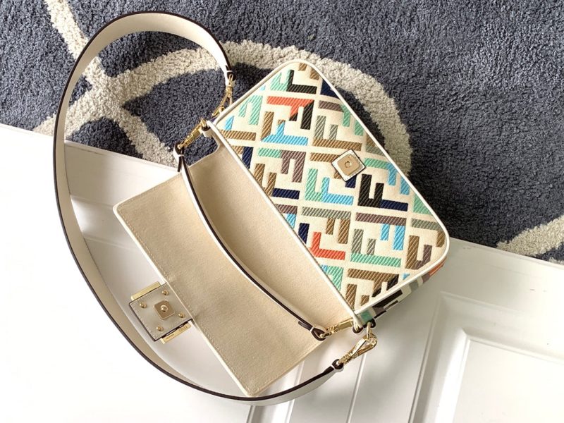 Fendi Baguette White and Multicolour Canvas Bag 27 with FF Embroidery Ghw