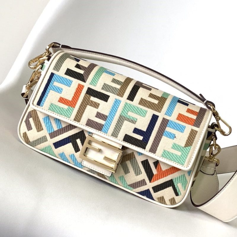 Fendi Baguette White and Multicolour Canvas Bag 27 with FF Embroidery Ghw