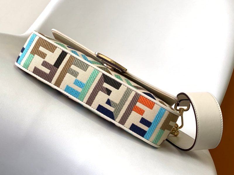 Fendi Baguette White and Multicolour Canvas Bag 27 with FF Embroidery Ghw