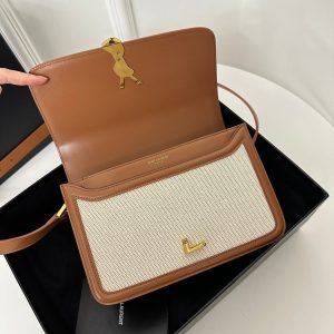 YSL Solferino Small Satchel Bag Brown Beige Gold Calfskin Canvas 339479