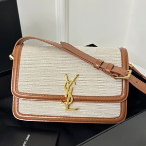 YSL Solferino Small Satchel Bag Brown Beige Gold Calfskin Canvas 339479