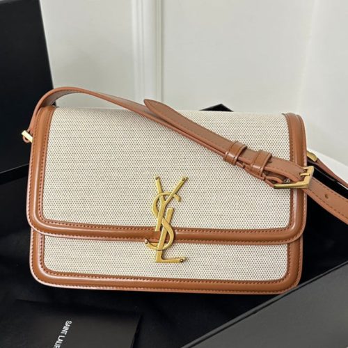 20230414_i1681452141_3781_0_jpg YSL Solferino Small Satchel Bag Brown Beige Gold Calfskin Canvas 339479