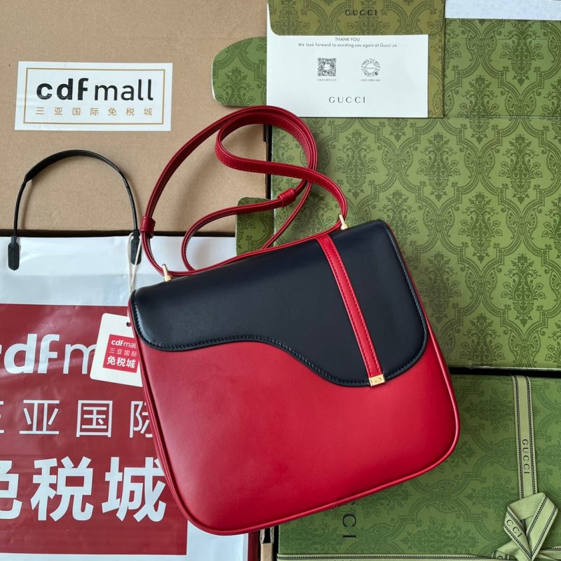 EQUESTRIAN STYLE SHOULDER BAG 21 IN RED MIX BLACK CALFSKIN GOLD HARDWARE