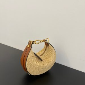 FendiIGRAPHY MINI 16 IN BEIGE STRAW AND BROWN CALFSKIN TRIM GOLD HARDWARE