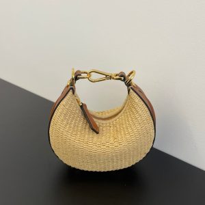 FendiIGRAPHY MINI 16 IN BEIGE STRAW AND BROWN CALFSKIN TRIM GOLD HARDWARE