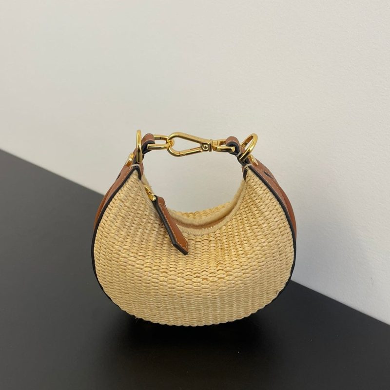 FendiIGRAPHY MINI 16 IN BEIGE STRAW AND BROWN CALFSKIN TRIM GOLD HARDWARE
