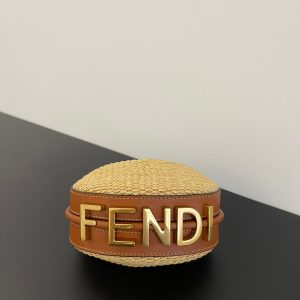 FendiIGRAPHY MINI 16 IN BEIGE STRAW AND BROWN CALFSKIN TRIM GOLD HARDWARE