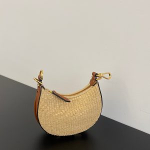 FendiIGRAPHY MINI 16 IN BEIGE STRAW AND BROWN CALFSKIN TRIM GOLD HARDWARE