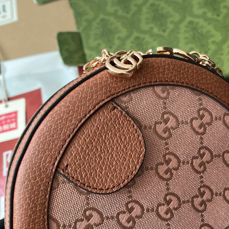 OPHIDIA MINI ROUND SHOULDER BAG 18 IN BLUSH PINK CANVAS AND BROWN LEATHER TRIM