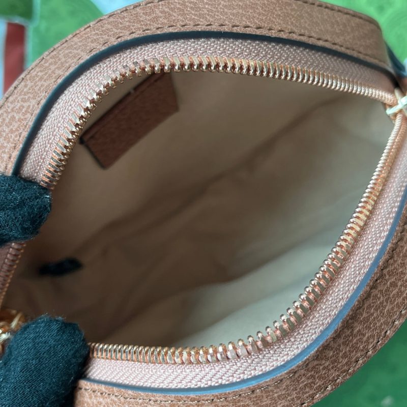 OPHIDIA MINI ROUND SHOULDER BAG 18 IN BLUSH PINK CANVAS AND BROWN LEATHER TRIM