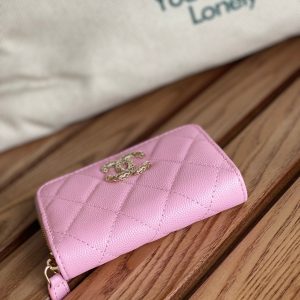 cc zipped wallet 11cm pink caviar gold hardware