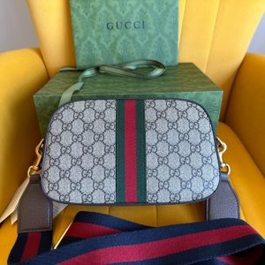 GG OPHIDIA SMALL 24 IN BEIGE CANVAS AND BROWN CALFSKIN