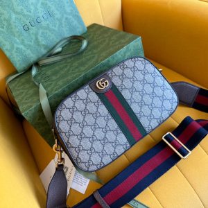 GG OPHIDIA SMALL 24 IN BEIGE CANVAS AND BROWN CALFSKIN