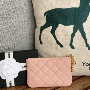 cc zipped wallet 14cm light pink caviar gold hardware