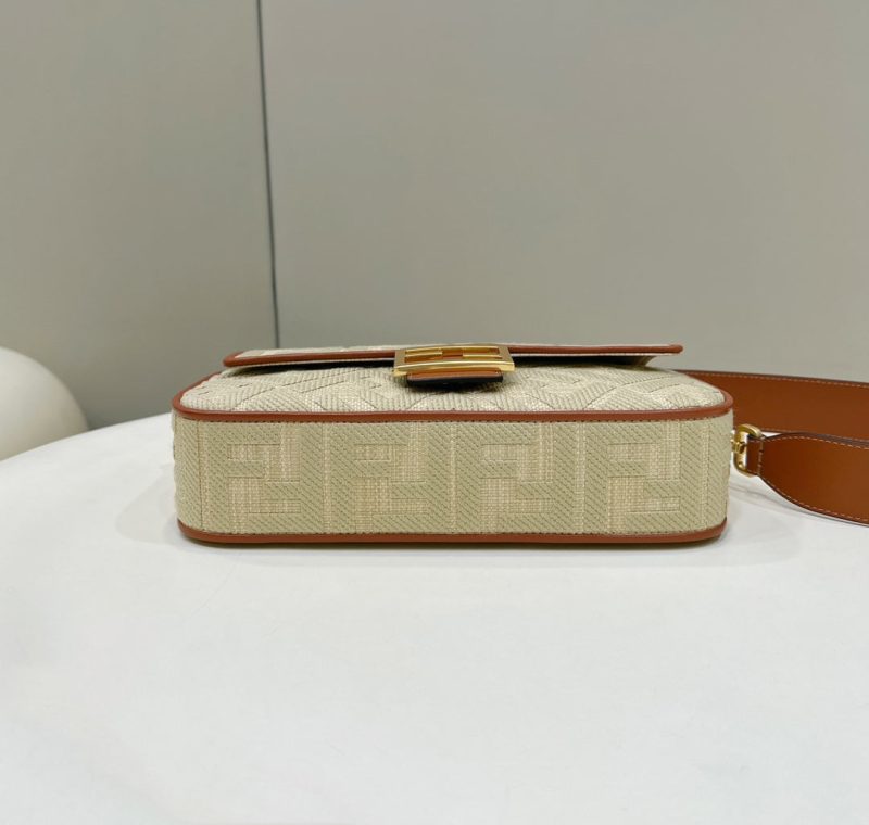 Fendi Baguette Tan Beige Canvas Bag 27 with FF Embroidery Ghw