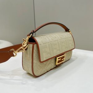 Fendi Baguette Tan Beige Canvas Bag 27 with FF Embroidery Ghw