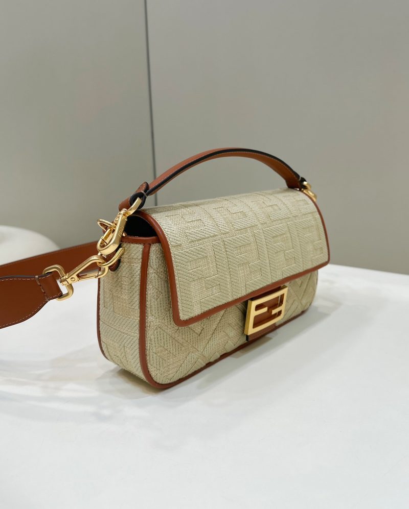 Fendi Baguette Tan Beige Canvas Bag 27 with FF Embroidery Ghw