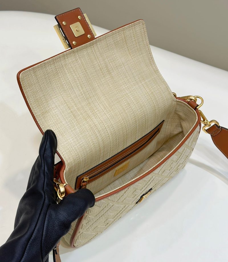 Fendi Baguette Tan Beige Canvas Bag 27 with FF Embroidery Ghw