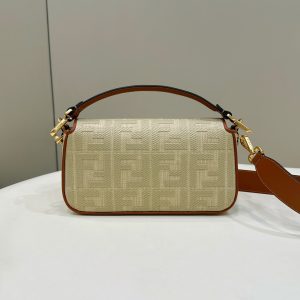 Fendi Baguette Tan Beige Canvas Bag 27 with FF Embroidery Ghw