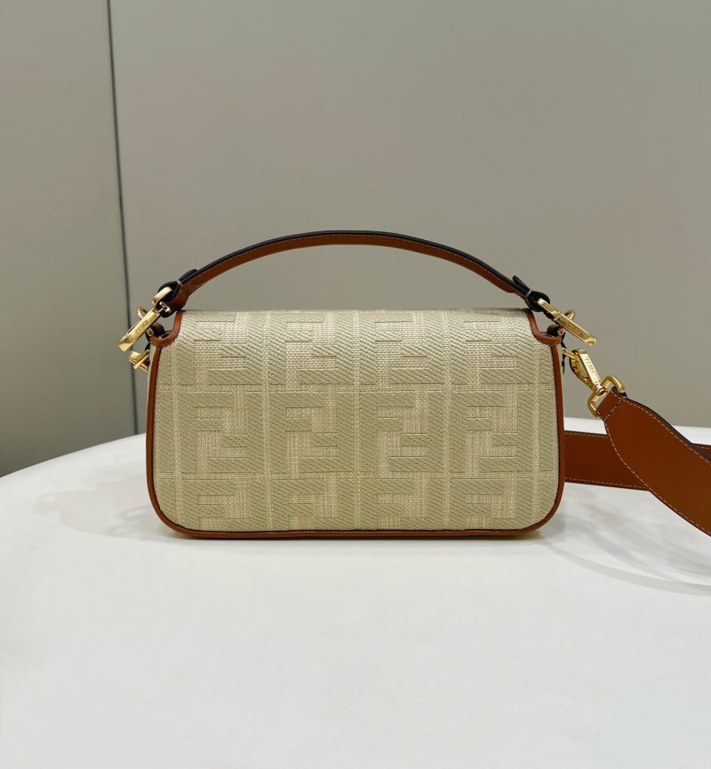 Fendi Baguette Tan Beige Canvas Bag 27 with FF Embroidery Ghw