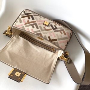 Fendi Baguette White Brown and Multicolour Canvas Bag 27 with FF Embroidery Ghw