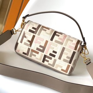 Fendi Baguette White Brown and Multicolour Canvas Bag 27 with FF Embroidery Ghw