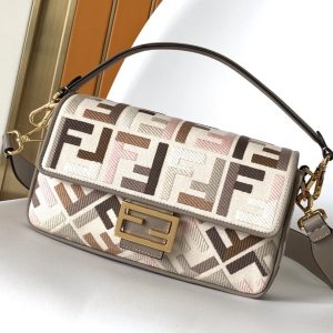 Fendi Baguette White Brown and Multicolour Canvas Bag 27 with FF Embroidery Ghw
