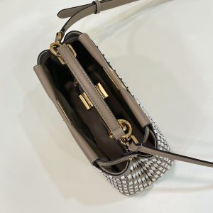 PEEKABOO 24 IN WHITE MIX BROWN INTERLACED CALFSKIN GOLD HARDWARE